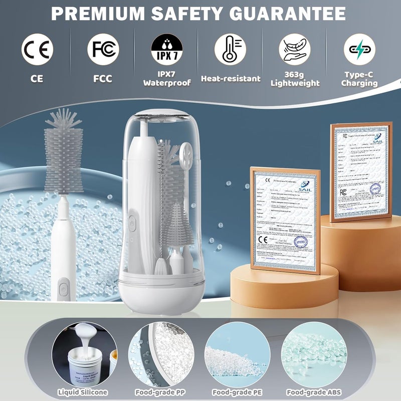 IvyWind Electric Travel Baby Bottle Brush Set with Storage Box, Automatic Bottle Cleaner Brush Kit with Silicone Bottle/Nipple/Straw Brush, Milk Frother Electric and Drainage Rack, Rechargeable, Gray - Image 4